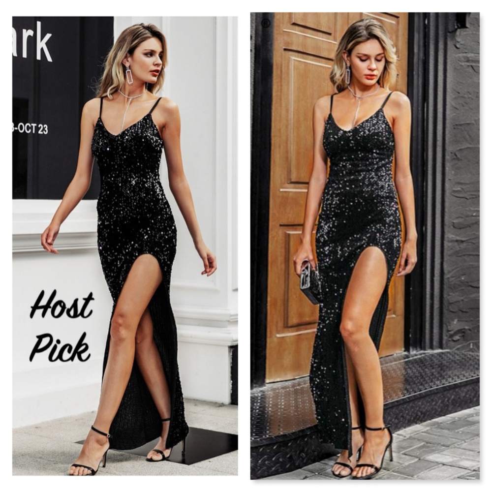 Black Sequined V-Neck High Slit Long Dress